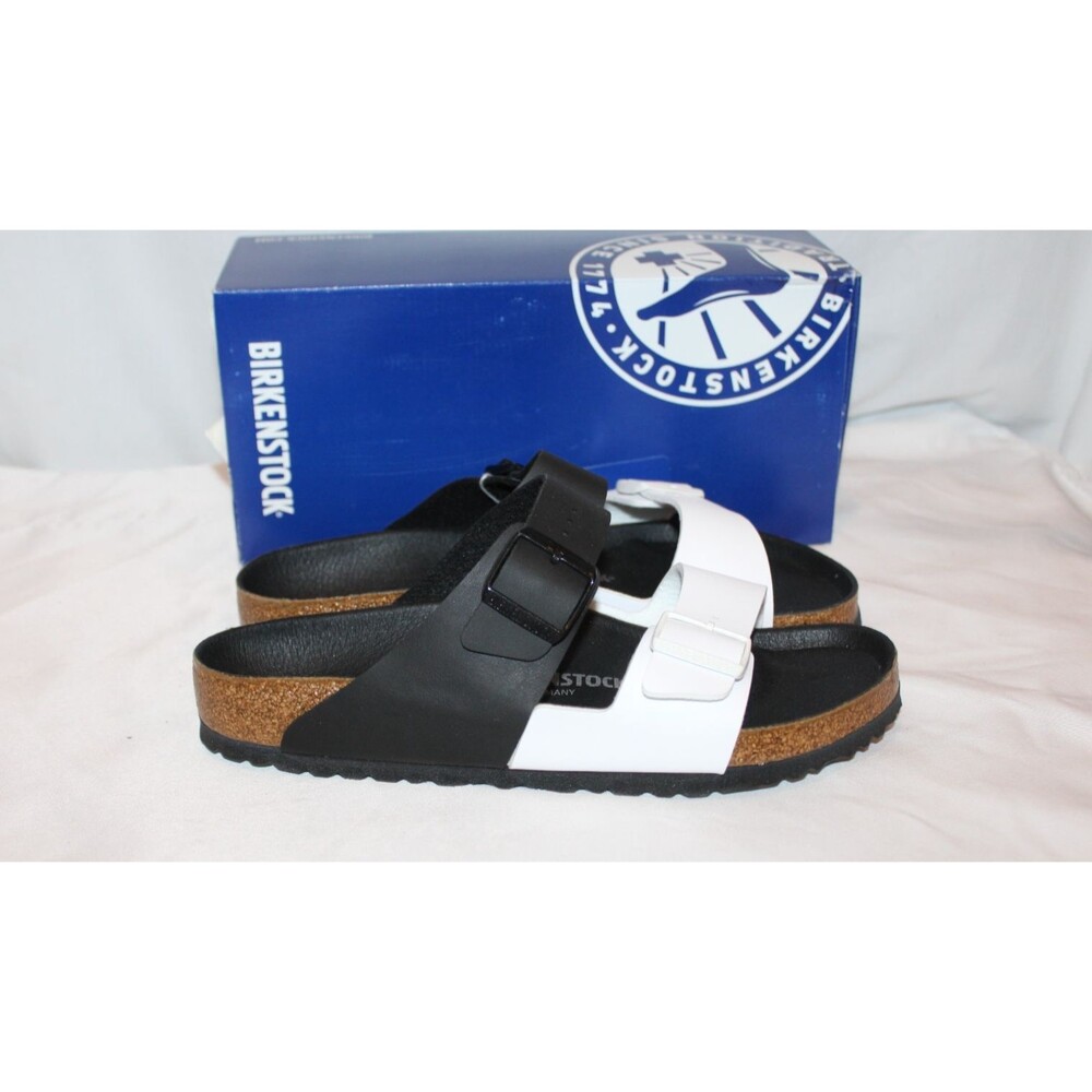 Birkenstock Women's Arizona Split Two-Strap Black White Sandals NIB EU 42